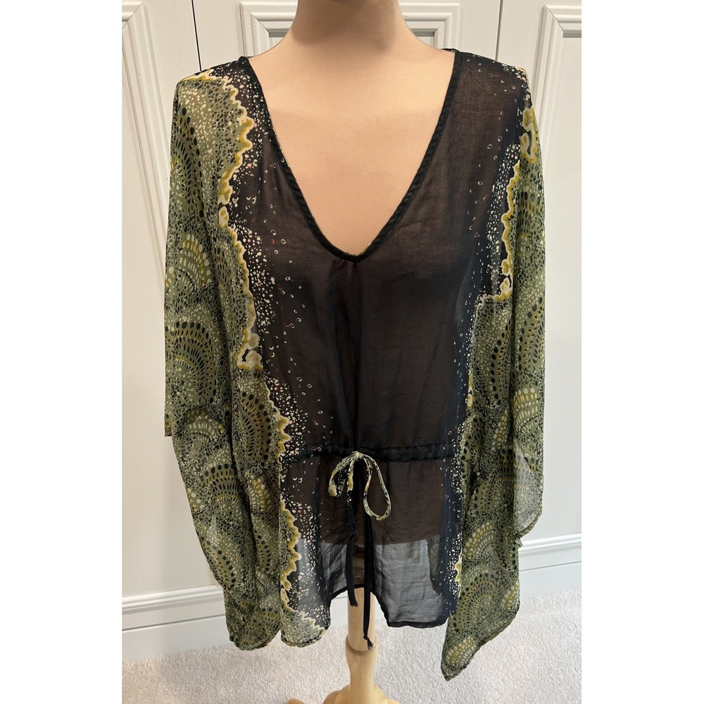 Gibson Kimono Sleeve Blouse Size 1X Sheer Tie Waist Boho Artsy Forest Fairy Chic